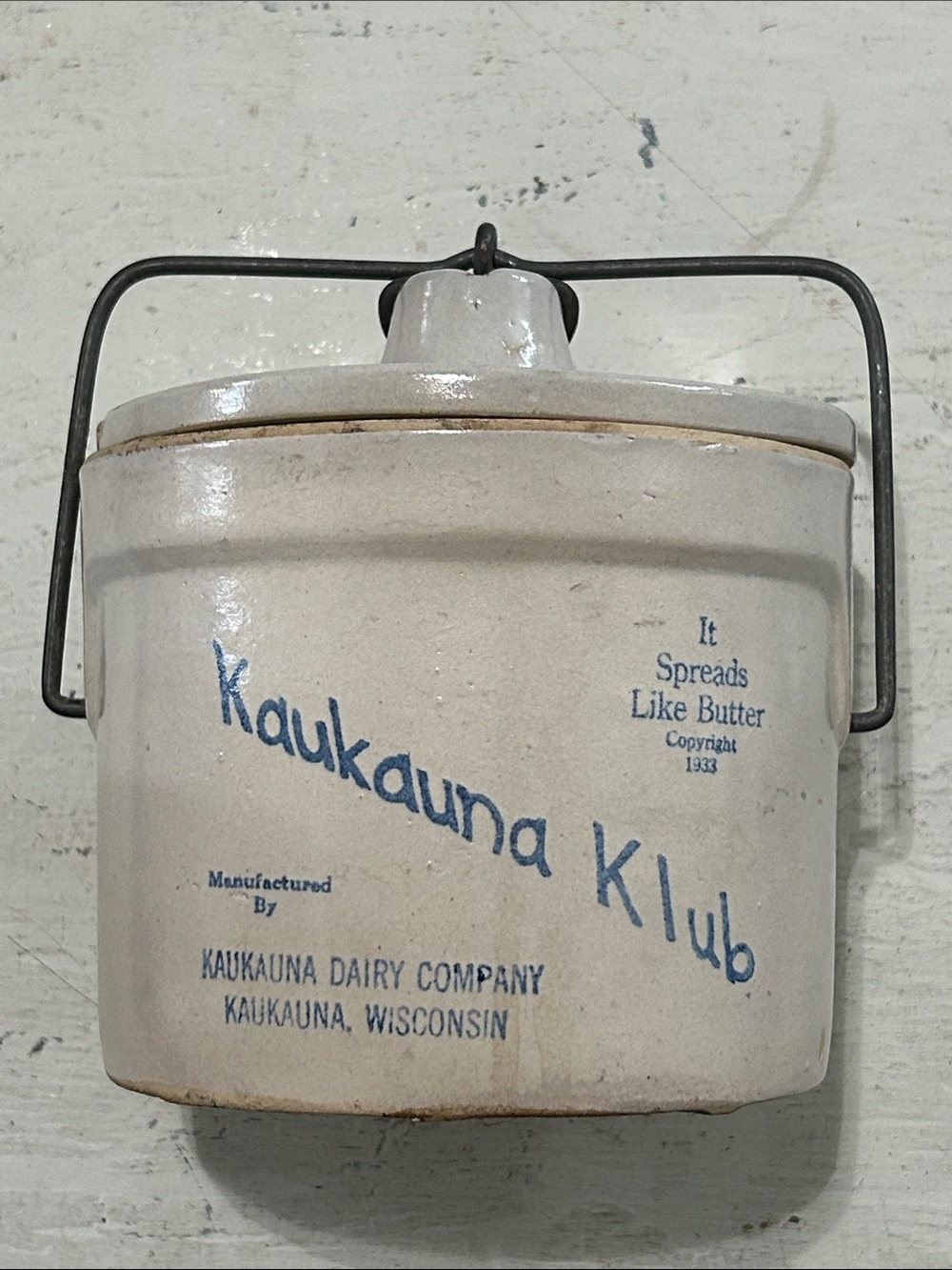Vintage Ceramic Butter Crock - Cream with Blue Lettering